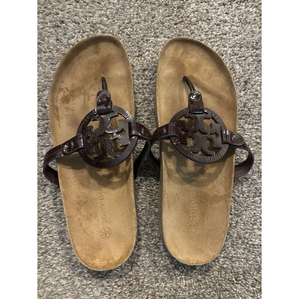 Tory Burch Miller Cloud Patent Leather Cork Thong Sandal Purple Size 10